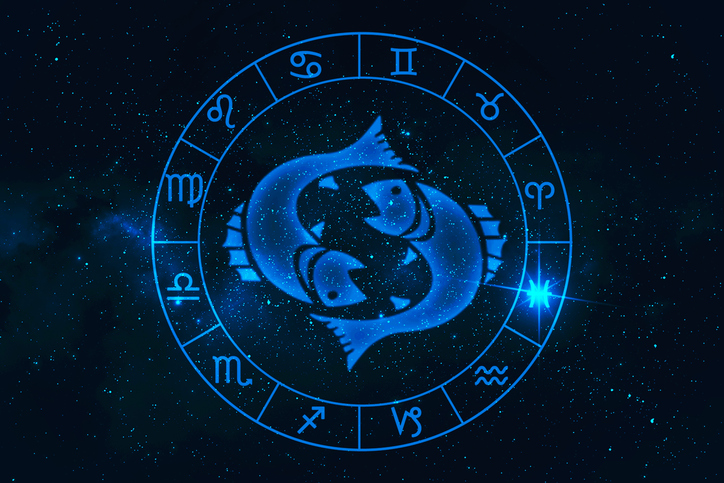 pisces horoscope sign in twelve zodiac with galaxy stars background, graphic of polygon man thinking 